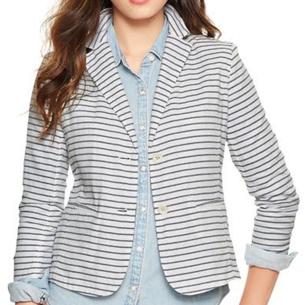 GAP | Striped Unstructured Blazer White Chambray Blue Linen Cotton Lined | 18